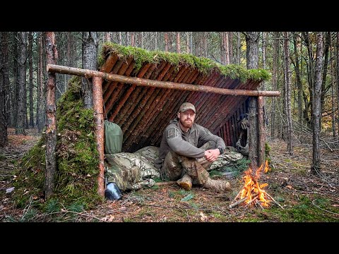 Ich baue einen Bushcraft Shelter aus natürlichen Materialen im Wald und übernachte in ihm