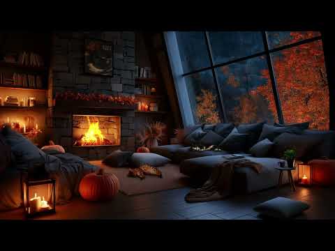 Autumn Rainstorm at Night | Cozy Fireplace, Sleeping Cats & Relaxing Fall Ambience