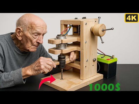 100 year old man invents woodworking bench drill from ancient 12v motor!
