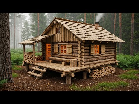 Full Survival Build-Forest Cabin With Unique Roof and Cozy Shelter