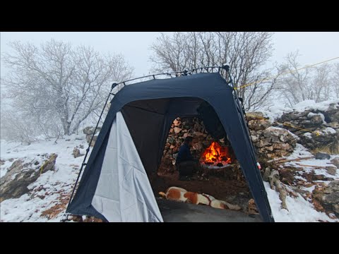 Bushcraft Winter Camping in Tent With Fireplace | Solo Survival Camp in Snowstorm, Nature Asmr