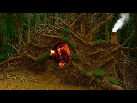 Build A Warm And Cozy Bushcraft Shelter For Survival, Secret Cave, Hide in Trees, Catch and Cook