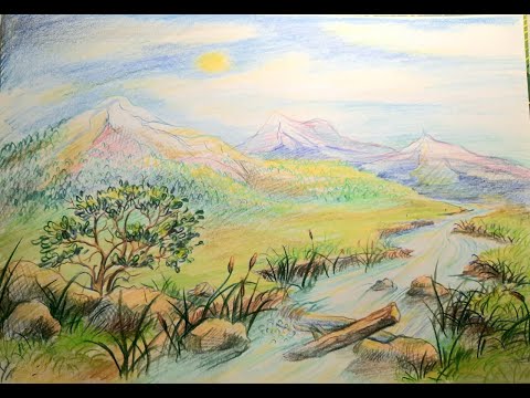 Мастер-класс "Горный пейзаж с рекой" Цветными карандашами 5+