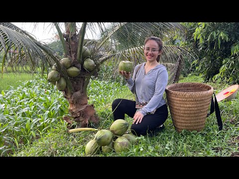 Harvesting coconuts and papayas to sell at the market, taking care of the ducks.