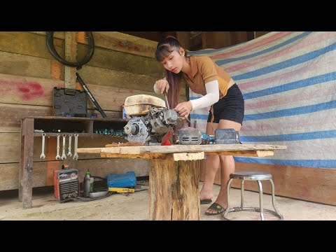 Talented girl repairs water pump motors.