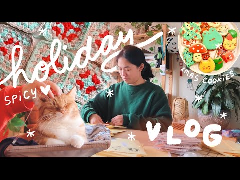 cozy holiday studio vlog ❄️ back in NYC, yummy meals, crocheting a cat blanket  ⛄️✨🧶