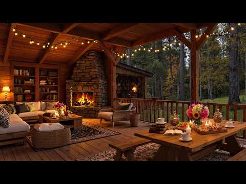 Cozy Cabin Porch Ambience - Jazz Relaxing Music, Fireplace & Rain Sounds for Stress Relief