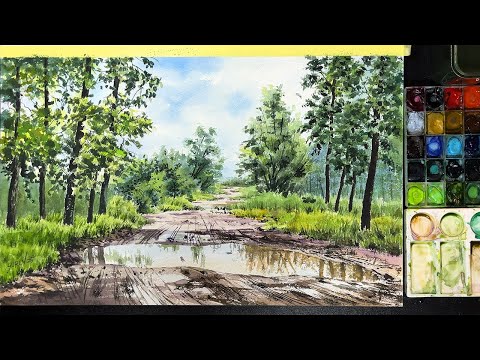 비 갠 숲속 물웅덩이 리얼하게 표현하는 풍경 수채화