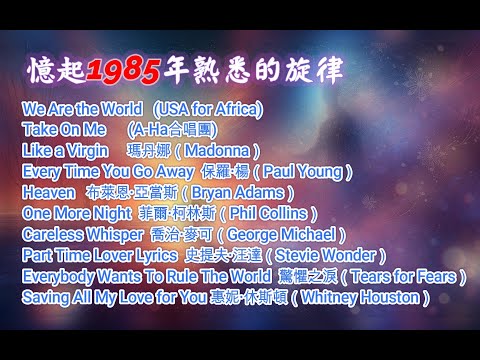 【憶起1985年熟悉的旋律】~~#英文老歌#經典好歌#美國告示牌單曲榜精選~~喜歡這音樂，歡迎『訂閱、按讚、分享』，分享共同年代的經典好歌。