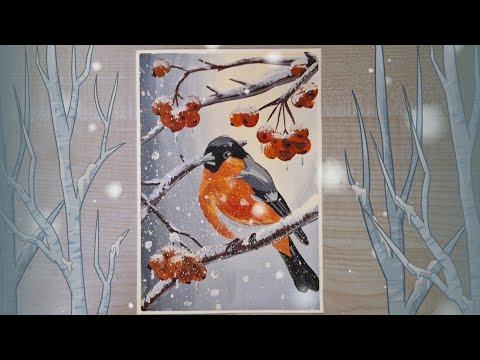 Рисуем зимний сюжет "Снегирь на ветке" поэтапно акрилом, гуашью или масляными красками