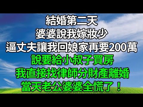 結婚第二天，婆婆說我嫁妝少，逼丈夫讓我回娘家再要200萬，說要給小叔子買房，我直接找律師分財產離婚，當天老公婆婆全慌了！#生活經驗 #為人處世 #人生感悟 #故事分享 #打臉