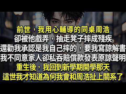 重生後，我回到新學期開學那天，這世我才知道為何我會和周浩扯上關係……前世，我用心輔導同桌的周浩，卻被他抽走凳子摔成殘疾。事後勸我承認是自己摔倒的，我死活不同意寫諒解書，家人卻私吞賠償款，公開發表原諒聲