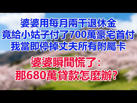婆婆用每月兩千退休金，竟給小姑子付了700萬豪宅首付。我當即停掉丈夫所有附屬卡，婆婆瞬間慌了：“那680萬貸款怎麼辦？！”