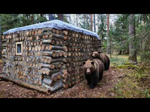 Man Builds HIDDEN LOG CABIN to Survive Wild Animals | by @Ruslan in the Woods