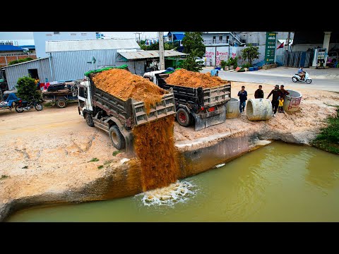 First Start New Landfill! Delete Flooded POND Using Dozer D20P Pushing Soil Into Water with Trucks
