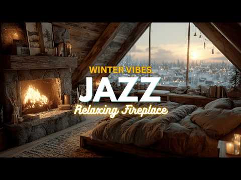 Winter Jazz Vibes | Cozy Cabin Ambience | Relaxing Fireplace Snowfall Music