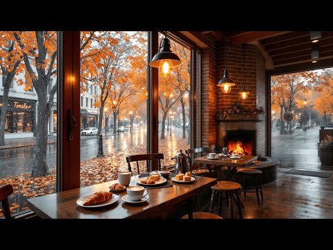 Cozy Autumn Rainy Coffee Shop Ambience & Crackling Fireplace 🍁🔥 Relaxing Jazz Music for Study & Work