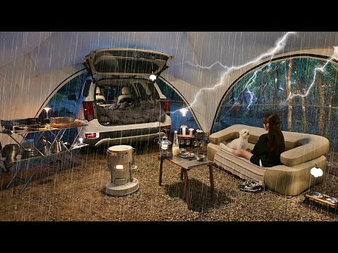 Camping in the Thunderstorm a Car Shelter Tent with kitchen⛈️