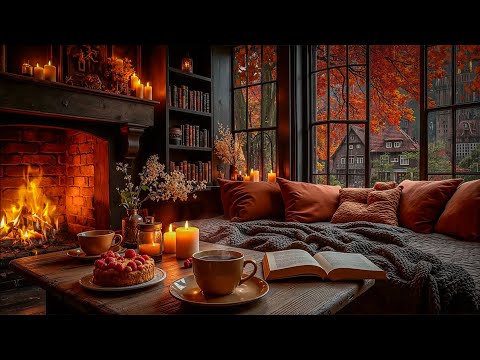 Rain Autumn Jazz Nook 🌧️ Coffee Shop Window with Candlelight, Fireplace & Relaxing Piano Ambience