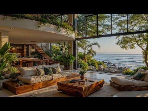 Elegant Seaside Ambience With Soft Jazz Music - A Relaxing Lounge Space In Ocean Waves & Calm Jazz