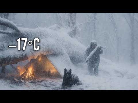 Extreme Winter Survival at –17°C | Trapped in a Heavy Snowstorm Under a Fallen Tree & Bushcraft Fire