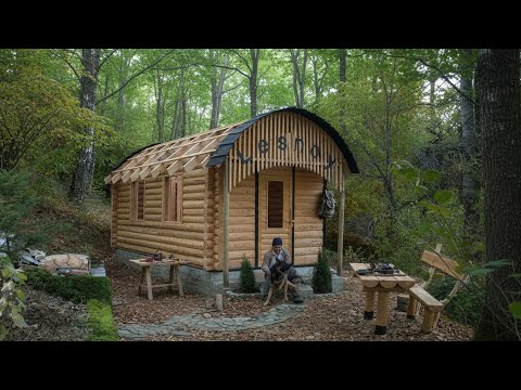 Building a Cozy Wooden Cabin with a Fireplace in the Forest