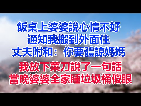 飯桌上婆婆說心情不好，通知我搬到外面住，丈夫附和：你要體諒媽媽，我放下菜刀說了一句話，當晚婆婆全家睡垃圾桶傻眼