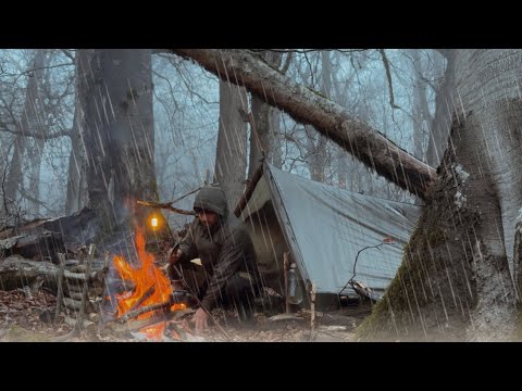 Solo Camping in the Rain:Cozy Shelter Building,Campfire Skills,and Cooking Steak with Potatoes|ASMr|