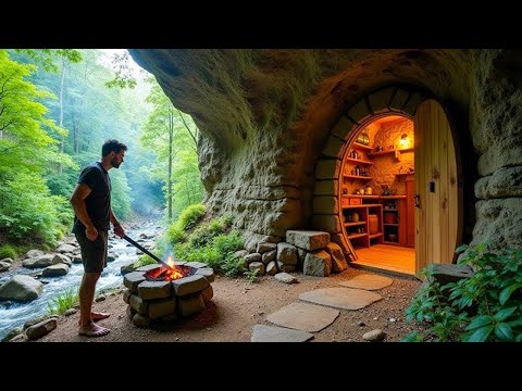 I Built a Bushcraft Survival House Under a Giant Rock Cave| Primitive Villa