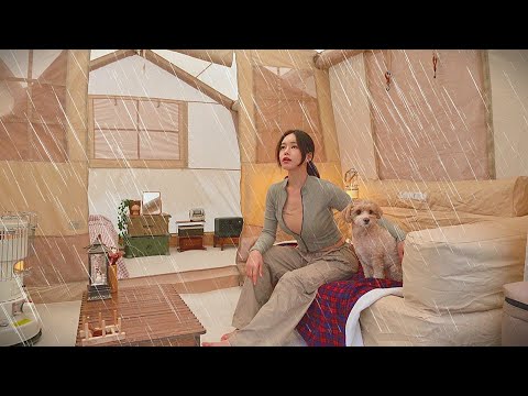 Solo camping in heavy rain 🌧| Cozy air tents and gopchang hot pot Unrefined