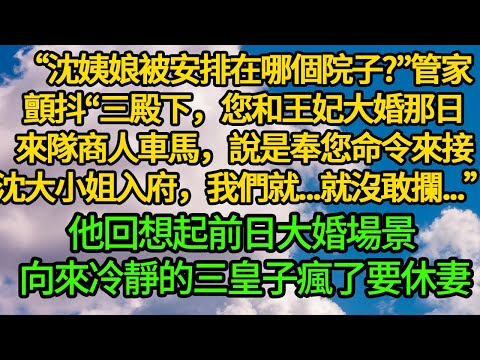 “沈姨娘被安排在哪個院子?”管家顫抖“三殿下，您和王妃大婚那日，來隊商人車馬，說是奉您命令來接沈大小姐入府，我們就...就沒敢攔...”他回想起前日大婚 向來冷靜的三皇子瘋了要休妻