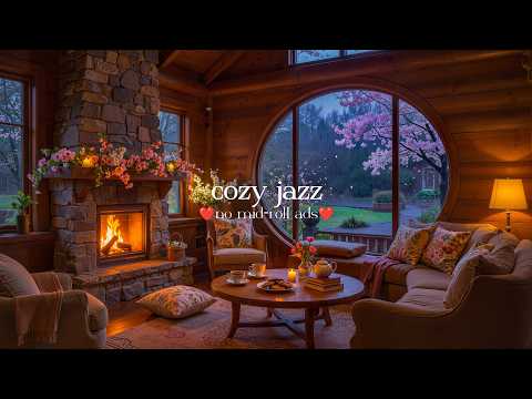 (NO MID-ROLL ADS) Calm & Relaxing Spring Jazz 🌸 Spring Cozy Ambience & Crackling Fireplace Sounds