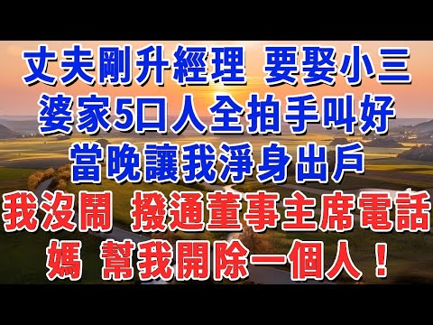 丈夫剛升經理 要娶小三，婆家5口人全拍手叫好，當晚讓我淨身出戶，我沒鬧 撥通董事主席電話：媽 幫我開除一個人！#妮妮故事會 #情感故事 #老年生活