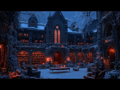 Gothic Library Grounds Under Falling Snow | Piano & Violin for Reading | Dark Academia Winter Music