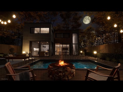 Autumn Villa Night Ambience | Water, Crackling Fire, Crickets Sounds