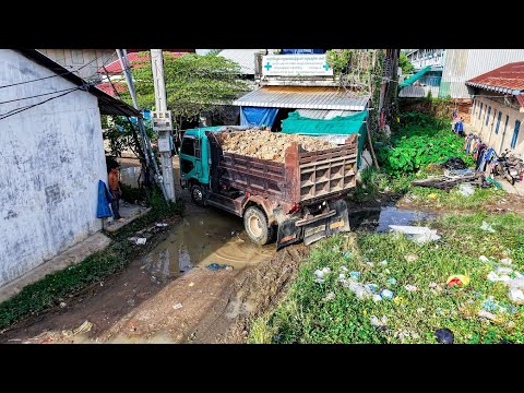 NICELY! Start Project Landfill by Smart Driver Dozer KOMATSU D20P Pushing soilrock &5T Trucks unload