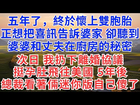 五年了，終於懷上雙胞胎，正想把喜訊告訴婆家，卻聽到婆婆和丈夫在廚房的秘密，我果斷扔下離婚協議帶著孕肚飛往美國，5年後，總裁老公看著兩個迷你版的自己，當場傻眼！#故事#小說#戀愛#情感#婚姻#為人處世