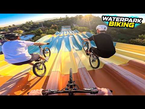 MOUNTAIN BIKING IN A HUGE ABANDONED WATERPARK - FULL SPEED SLIDES!