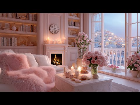 Cozy Pink Living Room 🎵 Soft Piano & Fireplace Sounds | The Most Relaxing Ambience