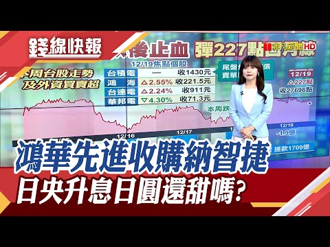 日央如預期升息1碼 利率創30年新高! 日央喊"貨幣政策正常化"! 鴻華先進砸7.8億 收購100%納智捷股權 強化垂直整合｜主播 賴家瑩｜【錢線快報】20251219｜非凡財經新聞