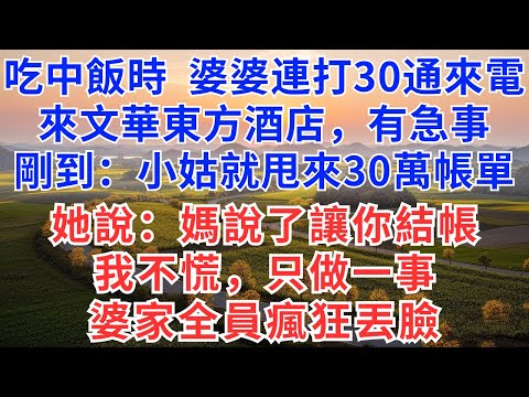 吃中飯時，婆婆連打30通來電，來文華東方酒店，有急事！剛到：小姑就甩來30萬帳單，她說：媽說了讓你結帳！我不慌，只做一事！婆家全員瘋狂丟臉！#慧心家事#為人處世#生活經驗#情感故事#戀愛#情感#婚姻