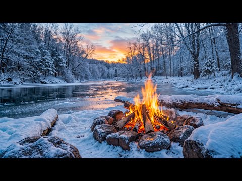Cozy Winter Vibes with Riverside Campfire ❄️ Snowy Forest Fireplace, Water & Birds Sounds 😴