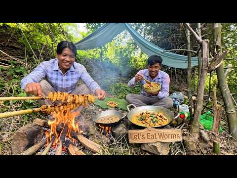 Outdoor Adventure Tent Camping And Cooking Worms In The Forest On The Mountain.