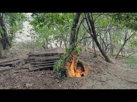 Construction of a Secret Dugout for Survival in Large tree Roots. Survival Skills