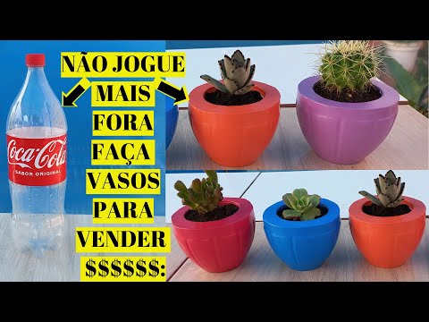 VASO DE CIMENTO FEITO COM GARRAFA PET MATERIAL RECICLÁVEL,,,cement vase made with pete bottle