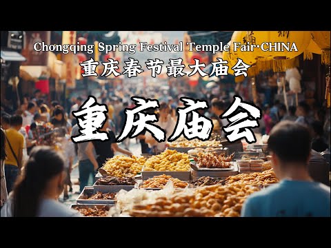 重庆春节超级大庙会，怀胎豆腐/军屯锅盔/包心糍粑/宫廷牛肉饼/黄凉粉/烤包子/三角粑/超级大肉串/梅菜扣肉饼/川剧变脸等，一系列美食与民俗活动，Chongqing Temple Fair·CHINA