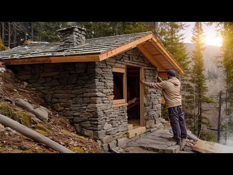 Man Builds Mountain Shelter from Stone and Logs. Full Primitive Construction