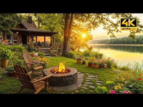 Amazing Spring Ambience for Relaxing with Soothing Nature Sounds & Crackling Fire Pit. Calm Birdsong