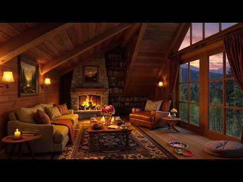 Cozy Cabin Retreat on a Rainy Night - Warm Jazz Music & Fireplace Sounds for Stress Relief