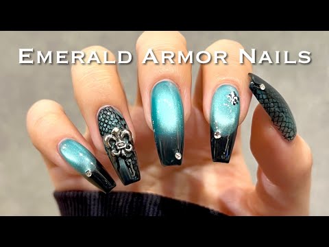 【セルフネイル】冷たく輝く✨エメラルドアーマーネイル🌊⚔️/BORN PRETTY/チップで長さだし💅/ASMR